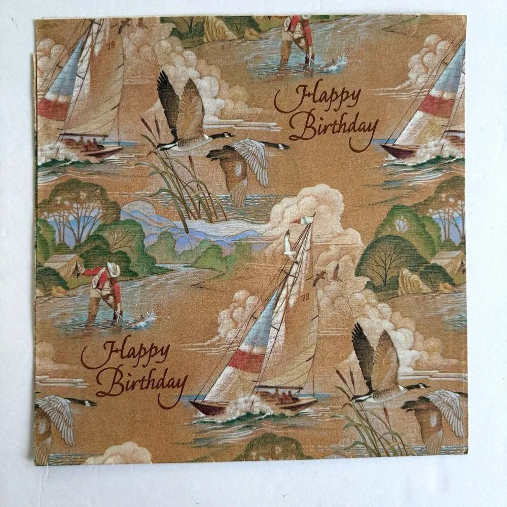 Vtg Masculine Gift Wrap Fishing Tools Ducks Happy Birthday Wrapping Paper 6 pcs